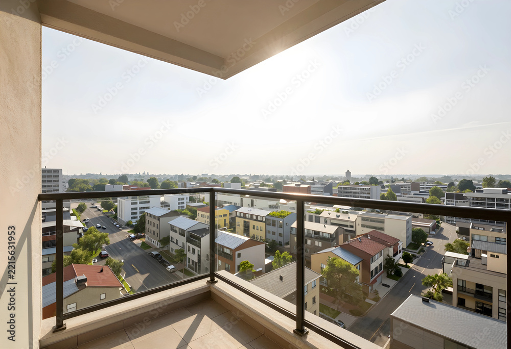 Fototapeta premium Urban living and real estate investment, high rise apartment balcony view overlooking a modern city neighborhood with residential houses and streets