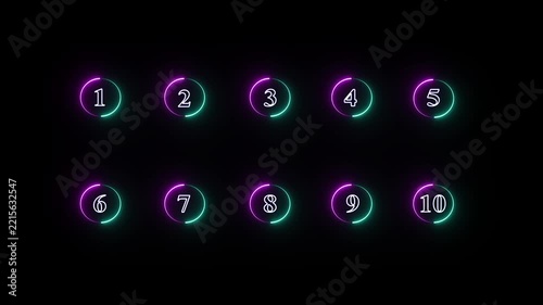A set of glowing colorful neon circular icons with numbers 1 through 10 arranged in two rows against a dark background.