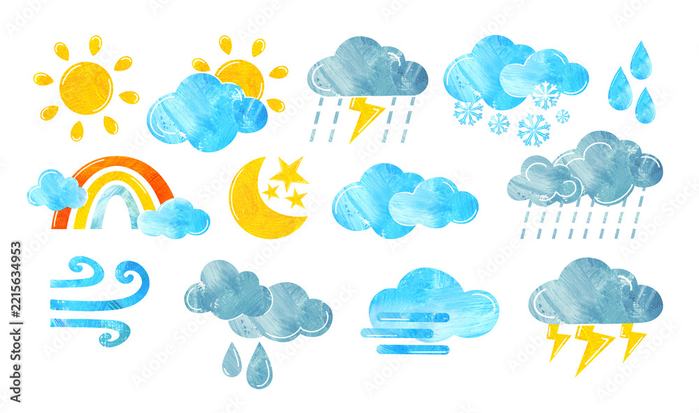 Fototapeta premium Weather icons with sun, clouds, rain, snow, rainbow, wind and lightning for forecast and seasonal design, hand painted illustration isolated on white transparent background, clip art set
