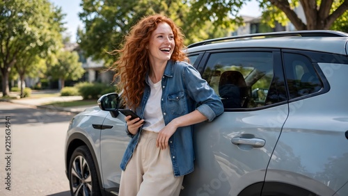 Cheerful redhead woman laughing while holding phone standing next to her car
