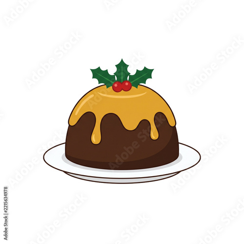 Traditional Christmas pudding with brandy butter sauce and holly decoration on a white plate