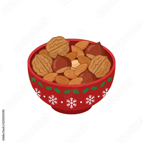 Festive red bowl filled with assorted nuts including walnuts almonds and chestnuts decorated with snowflakes and holly,illustration