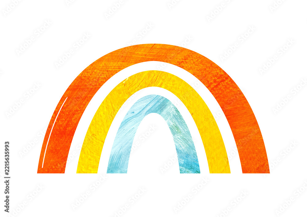 Fototapeta premium rainbow arch in red, yellow and blue with textured brush strokes, cheerful nursery illustration isolated on white transparent background for kids decor and creative projects. clip art