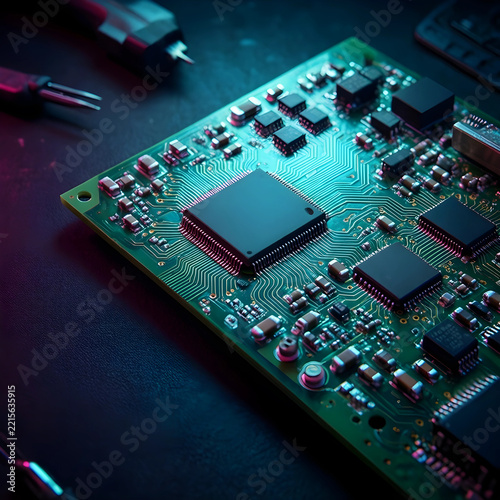 Semiconductor manufacturing and hardware engineering, electronic circuit board with microchips and processors for advanced technology development