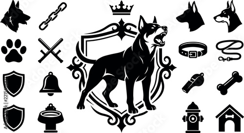 Doberman Dog Emblem Set with Crown, Collar, and Paw Prints. Vector Illustration, Pet Care Design, Canine Symbol.