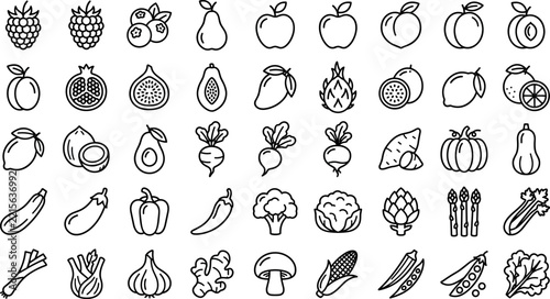 Fruits and Vegetables Icon Set, Minimalist Line Art Collection, Food Illustration for Design, Culinary Concept