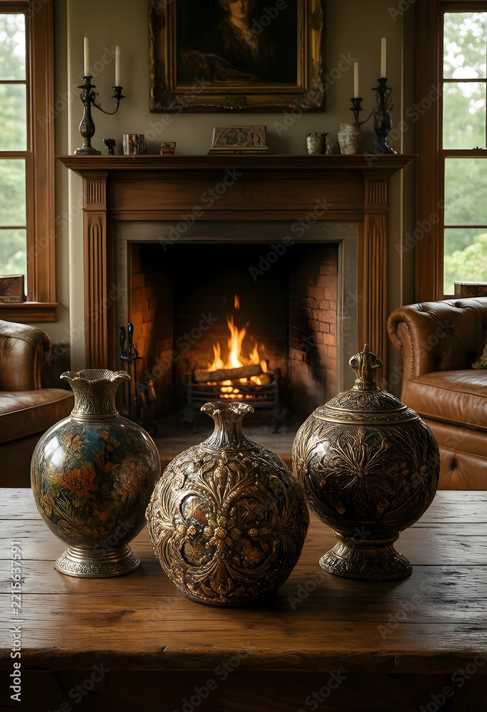 Naklejka premium Interior design and luxury home decor, ornate antique vases on wooden table in cozy living room with fireplace and leather furniture for lifestyle