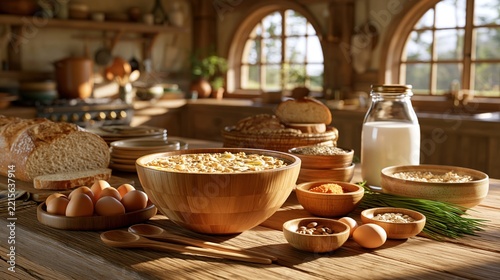 Rustic kitchen table with bread, eggs, and cereal for breakfast