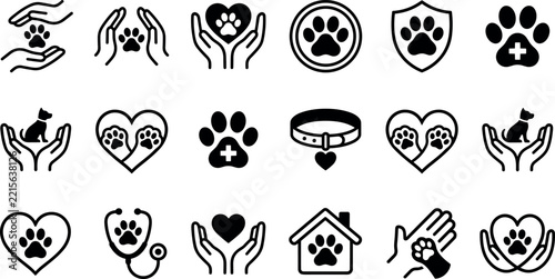 Pet Care Icons Set with Paws, Hearts, Hands, and Medical Symbols. Veterinary Illustration, Animal Welfare Concept