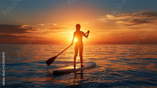 Silhouette of woman paddleboarding at sunset over the ocean