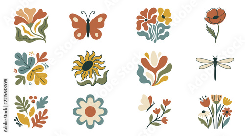 Collection of vibrant floral and insect illustrations in a modern folk art style.