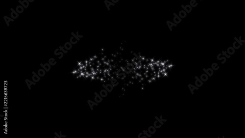 Shining white glitter sparkle star burst animation, glowing particle circle, shimmering stardust spiral, glitter stars trail transition on alpha channel black screen. 4k video