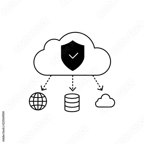 Cybersecurity icon showing a cloud shield connected with globe, database, and cloud resources, representing protected infrastructure, secure storage, remote access, and cloud defense.