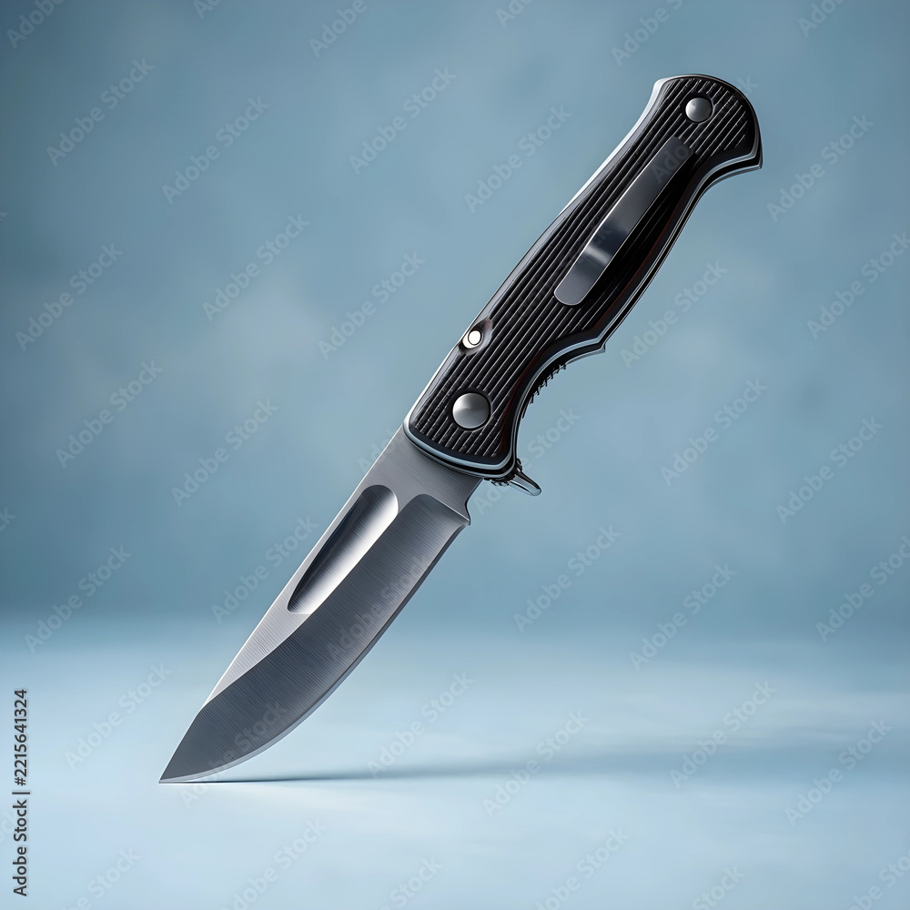 Obraz premium Survival and outdoor gear folding pocket knife with steel blade and textured handle for camping hiking and bushcraft equipment on a blue background