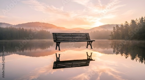 A surreal and peaceful conceptual image of a classic wooden park bench floating magically over a calm lake at dawn, reflecting on the still water with misty mountains and forest background.