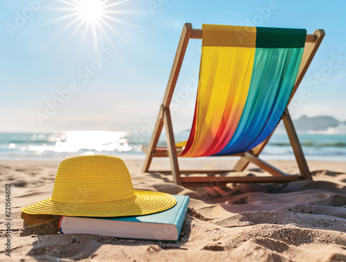 Colorful beach chair on the beach with book and hat