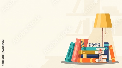 Cozy reading nook with stack of books, glasses, and a lamp on a shelf,illustration.