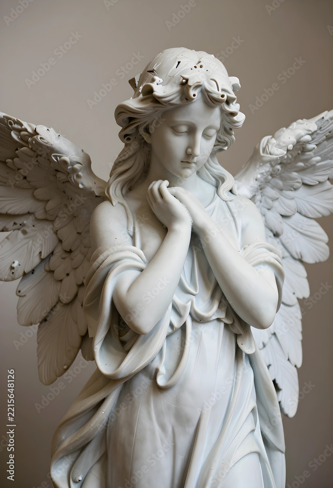 Fototapeta premium Spirituality and peace marble angel statue with folded hands in prayer religious devotion and hope classical sculpture of a winged celestial being