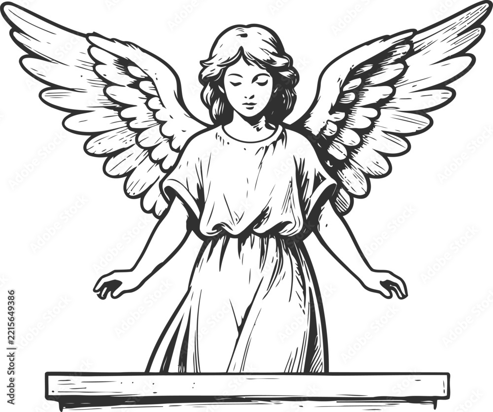 Fototapeta premium Angel with outstretched wings standing in flowing robe, religious spiritual guardian illustration