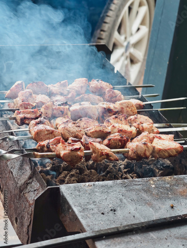 meat is cut into medium-sized pieces and grilled evenly on the grill