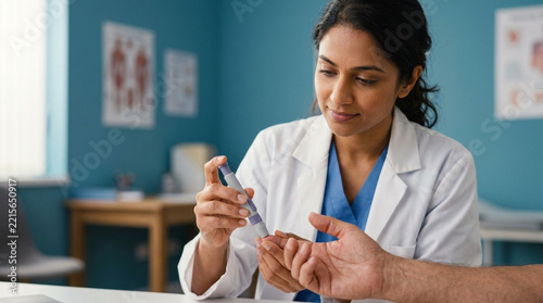 Doctor checking blood sugar level with glucose meter on patients finger in clinic