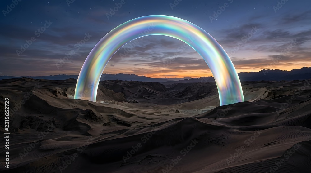 Fototapeta premium Glowing iridescent portal arching gracefully across expansive dark sand dunes under a dim twilight sky filled with stars
