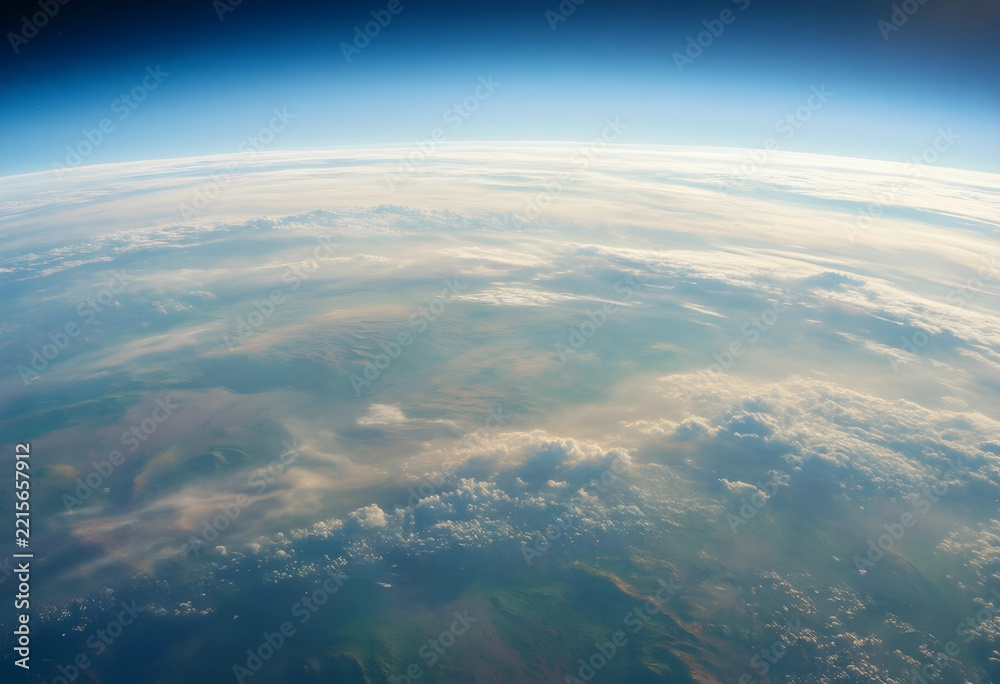 Fototapeta premium Climate change and global sustainability, earth atmosphere and horizon view from space showing clouds and planet surface for environmental science research