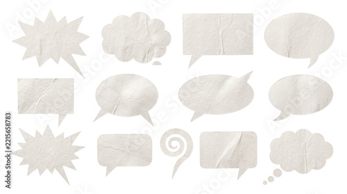 White paper speech bubbles and thought clouds with crumpled texture for comic and communication design isolated on transparent grid.