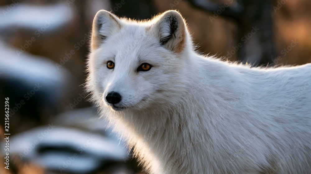 Fototapeta premium A white fox with amber eyes gazes calmly in a snowy forest setting illuminated by soft golden light
