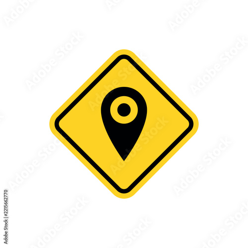 Yellow diamond road sign with a black location pin icon isolated on white background.