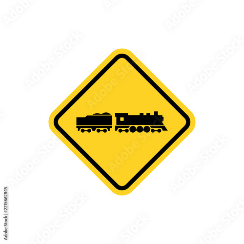 Yellow diamond warning road sign with steam train locomotive icon isolated on white background.