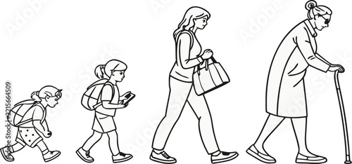 Female Life Stages from Infancy to Old Age Horizontal Line Art Vector Illustration