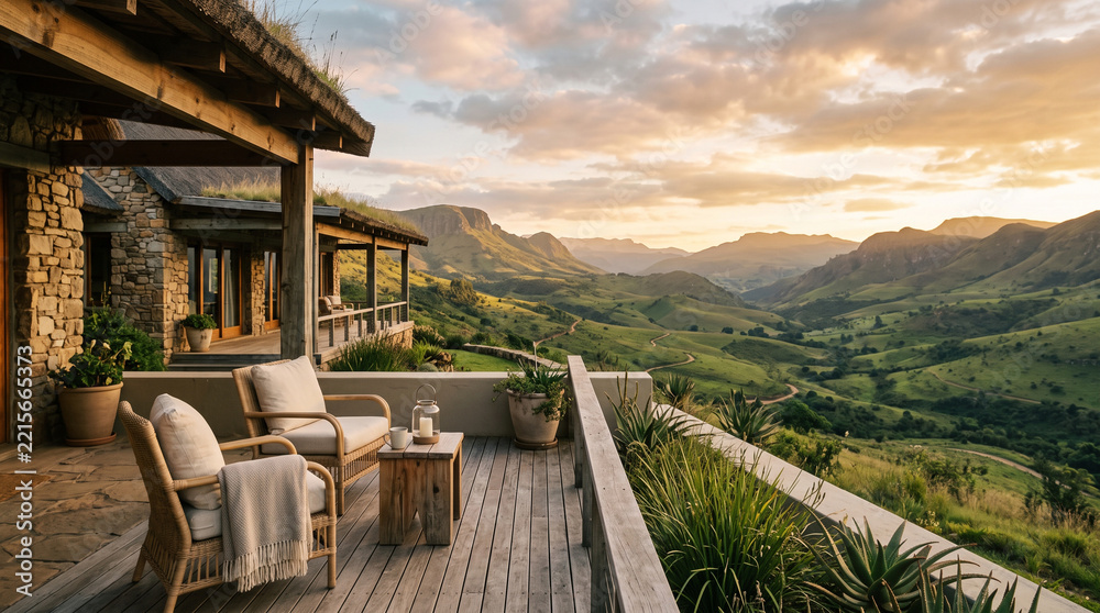 Fototapeta premium luxury wooden lodge terrace with scenic mountain view at dusk