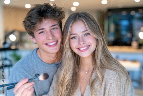 Young couple smiles warmly together in cozy kitchen