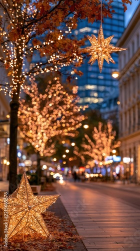 Warm lights drape trees along a quiet street
