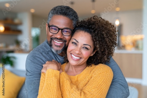 Smiling couple embraces warmly in a bright, modern living room