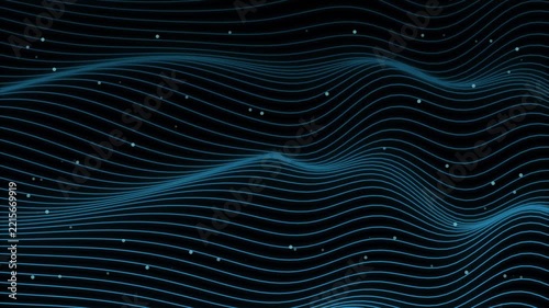 Abstract blue topographic line waves flowing across dark space