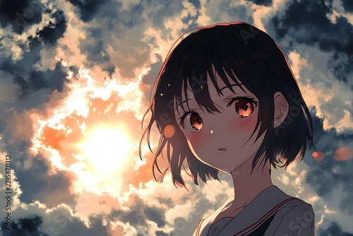 Anime girl with short dark hair looking up at a dramatic sunset sky