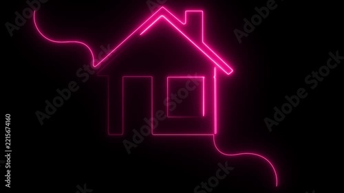 Pink neon continuous line drawing house icon animation loop