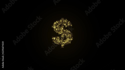 Sparkling Golden Particle Dollar Sign Animation, Shiny golden dollar symbol formed by glowing glitter particles on black background for luxury financial content