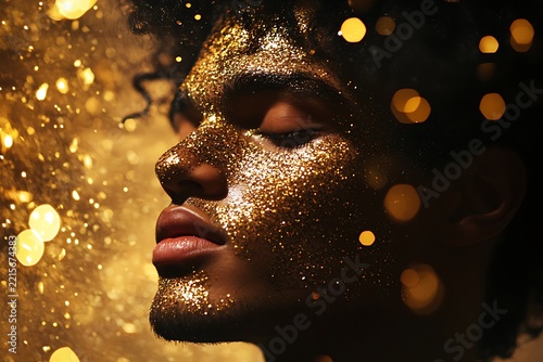Portrait of a young man with face covered in shimmering gold glitter