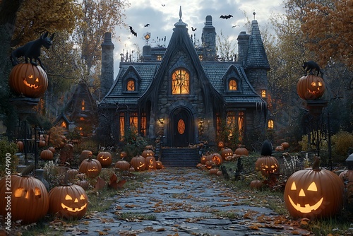 Spooky haunted mansion decorated for halloween with jackolanterns