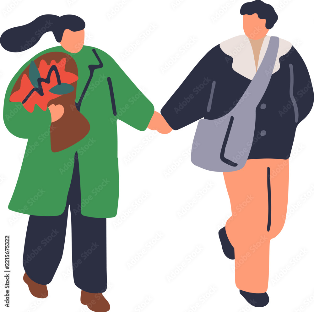 Fototapeta premium Christmas people walking in winter. Love couple walking outdoor, holding hands. Romantic people, family going on street, carrying Christmas gift, Xmas present. Vector illustration isolated on white