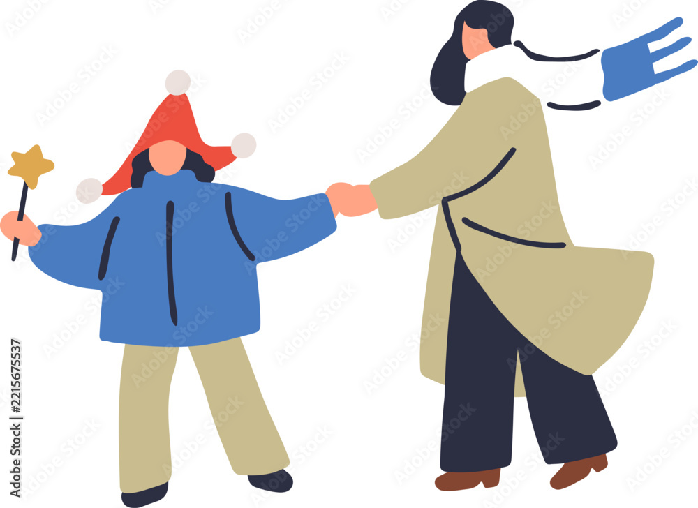 Fototapeta premium People walk in winter. Family walking at Christmas. Vector people, woman and kid characters on street. Winter vacation, holiday. Tiny mother and daughter, family outdoor. Happy Christmas lifestyle