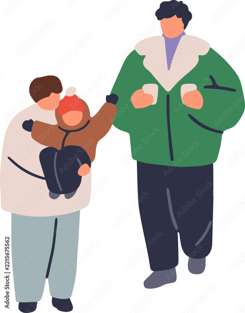 Fototapeta premium People walk in winter, family with kid at Christmas. Tiny people, family walking outdoor on street on winter vacation. Mother, father and kid. Parents and child. Happy Christmas holiday lifestyle