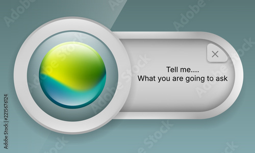 Simple capsule AI voice assistant widget UI mockup with glossy orb logo and prompt message