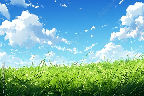 Vibrant green grass field under a bright blue sky with fluffy white clouds
