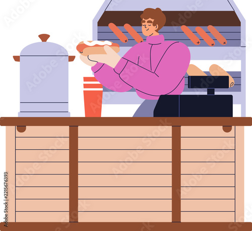 Hotdog stall, street food stand. Hot dog stand, store, market kiosk with food...