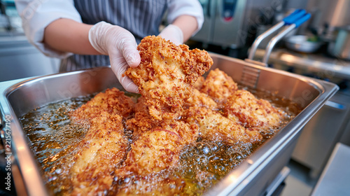 Female chef carefully placing breaded chicken pieces into a commercial deep fryer, hot oil bubbling around the chicken, professional restaurant kitchen with stainless steel appliances, clean uniform