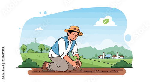 Farmer planting seedling in soil, cartoon style, rural landscape